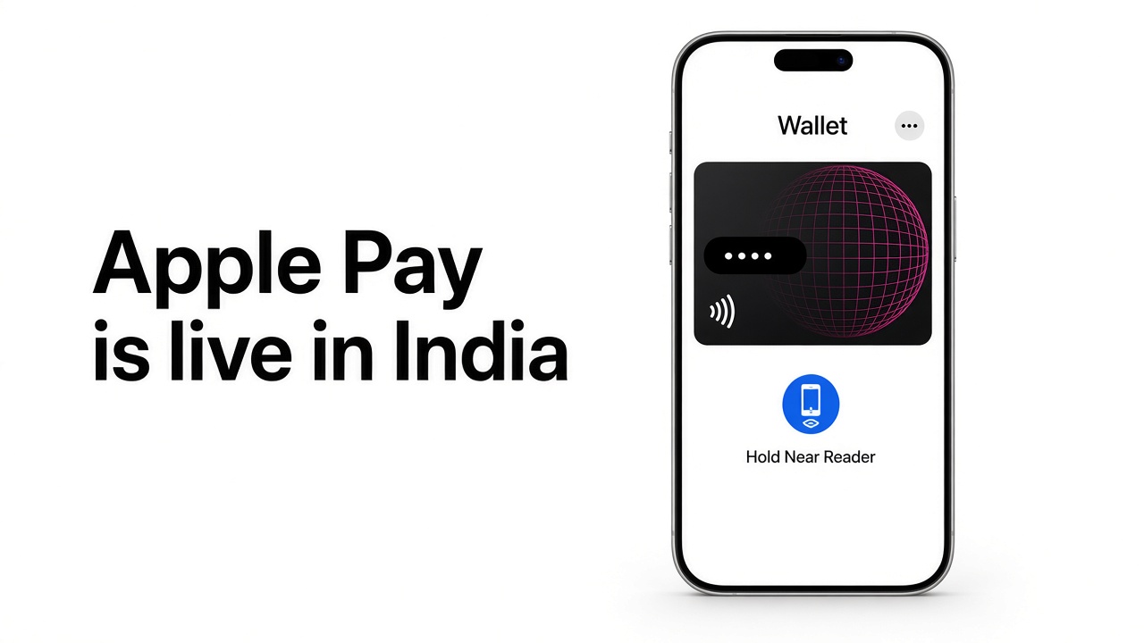 iPhone showing Apple Pay with a masked Axis Bank card and a Hold Near Reader prompt, beside the words Apple Pay is live in India