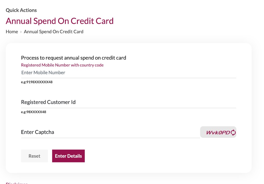 Axis Bank Quick Actions portal to request annual spend on credit cards with mobile number and customer ID fields