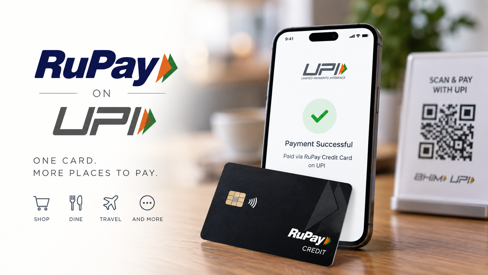 RuPay on UPI graphic — phone showing payment successful via RuPay credit card, black RuPay credit card, and BHIM UPI scan-and-pay QR stand