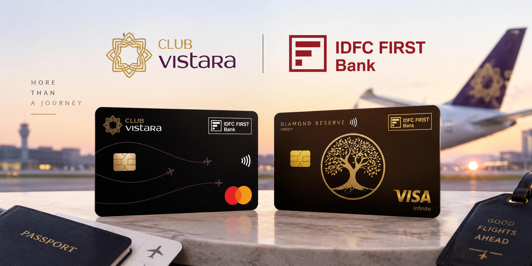 Club Vistara IDFC FIRST Mastercard beside the IDFC FIRST Diamond Reserve Visa Infinite on a marble table, with a passport, boarding pass and a Vistara aircraft tail on the apron at sunset