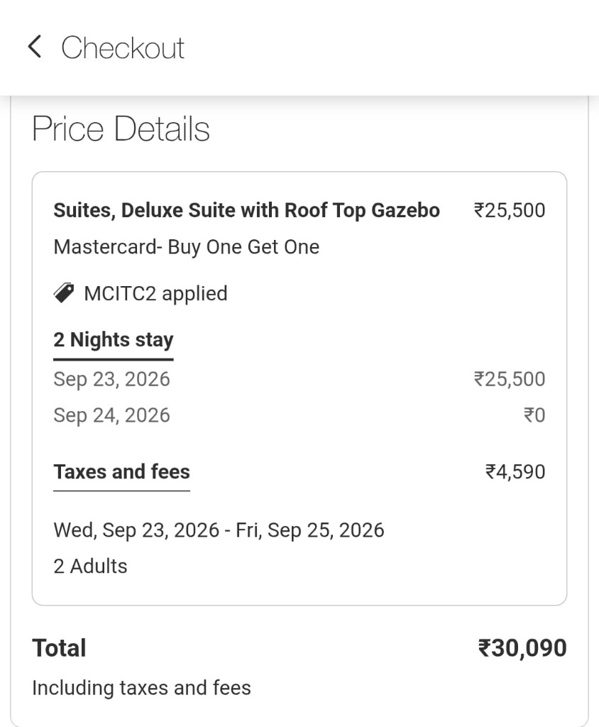 ITC checkout price details: Mastercard Buy One Get One, MCITC2 applied, 23 September ₹25,500, 24 September ₹0, taxes ₹4,590, total ₹30,090