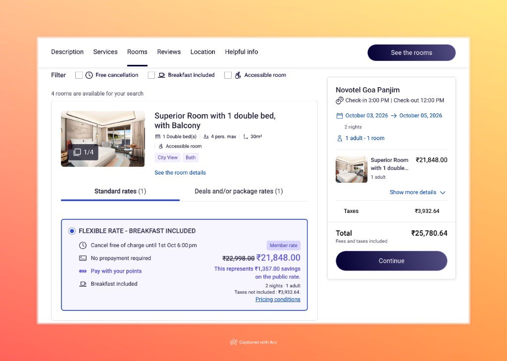 Accor room selection showing Flexible Rate with Pay with your points and total ₹25,780.64